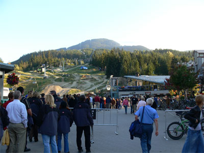 Crowds waiting for lift to restaurant at top of Whistler 