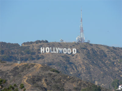 The famous Hollywood sign on the hill side about a kilometer away.