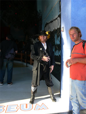 Costumed pirate in front of theatre 