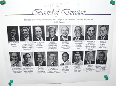 Board of Directors, 1967, of TTB. Without Evan Roberts, the man on the bottom right, there would not be a Thru the Bible Radio Network. 