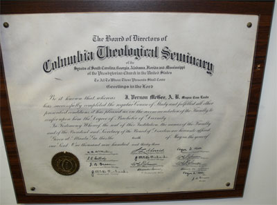 Dr. McGee's Bachelor of Divinity from Columbia 