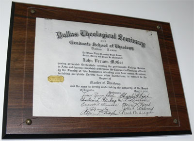 Master of Theology from Dallas Theological Seminary. We later visited Dallas Seminary, where Dr. McGee is still one of their most cellebrated allumni. 