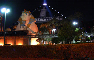 Eygtian Pyramid and Sphinx in Los Vegas. The centre light was a spot light that shone far up in the night sky. 